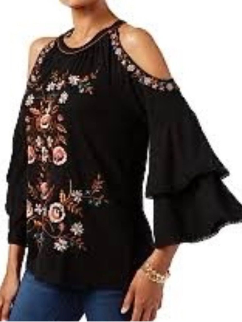 (S) International Concepts top,floral boho design.Embroidered shoulder top,Sz S
